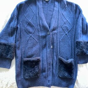 Simply Vera Vera Wang Navy Textured Cardigan with faux fur accents